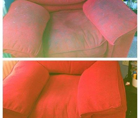 Residential upholstery cleaning on red couch for customer in Norwich